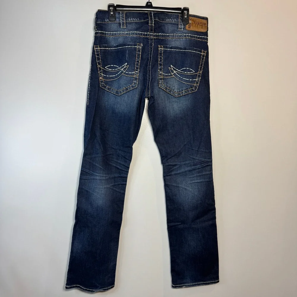 Silver 925 Series Jeans Mens 32x34 Actual L33 Thick Stitch Dark Wash Distressed‎